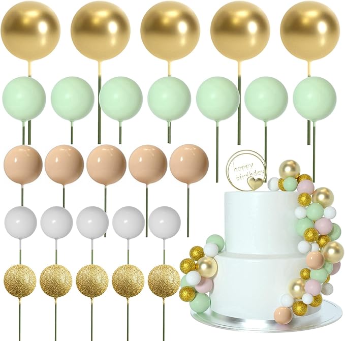ASTARON 50 Pcs Ball Cake Topper Sticks Mini Balloons for Cake Decorating Supplies Foam Balls Cake decorations for Baby Shower Cake Birthday Cake Toppers Decorations (Light Brown，Green)