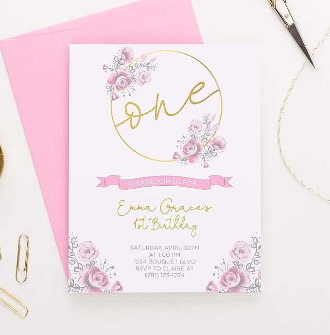 1st Birthday Invitations Modern & Floral, 1st Birthday Invitations Girl, Your choice of Quantity, Info and Envelope Color