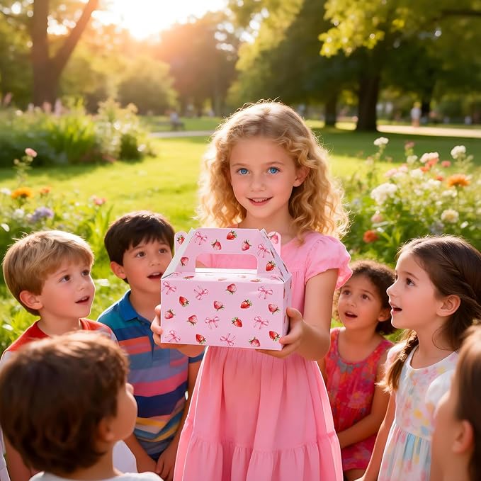 BGFMVS 12 Pack Candy Gift Boxes with Handles, Pink Strawberry Bow Party Favors for Birthdays & Parties, Suitable for Adults & Kids, Snack Holders for Cookies & Cupcakes, Pink Bow Decorations