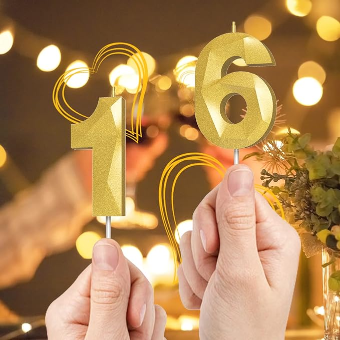 Number Birthday Candles(14 Candle Gold) 3D Diamond Shape Number Happy Birthday Cake Candles for Birthday Party Wedding Decoration Reunions Theme Party