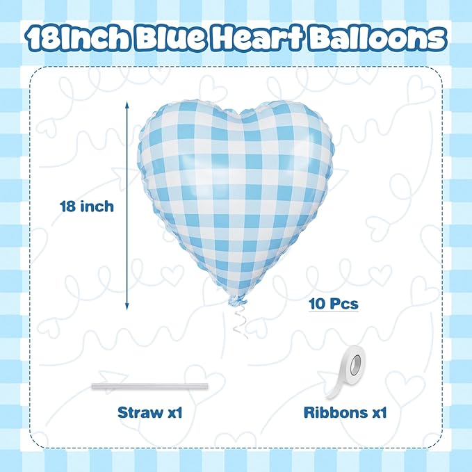 Blue Checkered Heart Balloons, 18 Inch Pastel Blue and White Gingham Heart Shaped Foil Balloon, 10Pcs Plaid Helium Balloon for Boy Baby Shower Retro Y2K Picnic Farmhouse Goose Checkerboard Theme Party