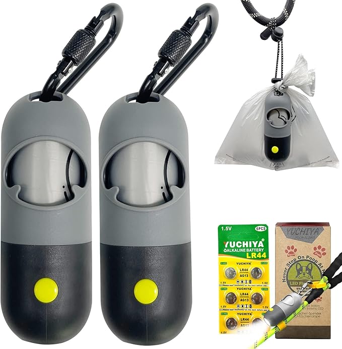 Dog Poop Bags Holder with LED Flashlight|Pet Waste Bags Dispenser for Leash|Doggie Potty Bags Container with Leak-proof Pet Trash Bags and Accessories (2 Holders 30 Bags, Grey and Black)