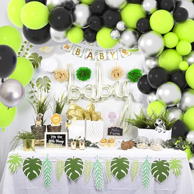 Lime Green, Metallic Silver, Black Balloons Set - 117PCS Fruit Lime Green Balloons Garland Video Game Party for Boy Men Video Gaming Tropical Safari Birthday Graduation Party Decorations