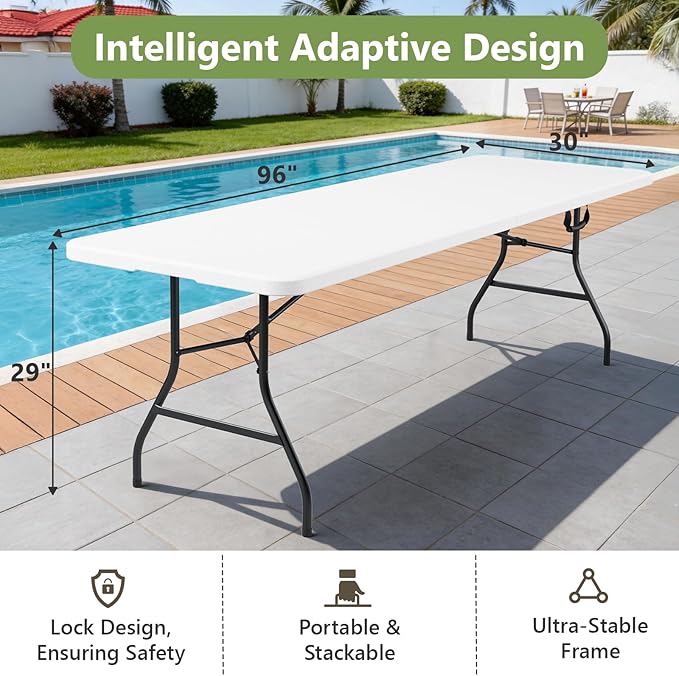 Folding Table 2 Pack, 8FT Folding Table Portable with Built-in Handle, Heavy Duty Plastic Table with Steel Legs Supports to 300lbs, Suitable for Party, Camping, Events Indoor&Outdoor Use, White
