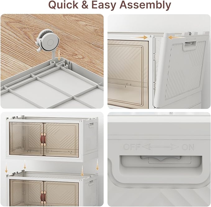 UAMFURI Stackable Storage Bins with Lids, 600QT Closet Organizers, Lockable Storage Cabinet，Foldable Storage Box with Doors and Wheels, Plastic Drawers for Home, Garage, Office (5, White, Large)
