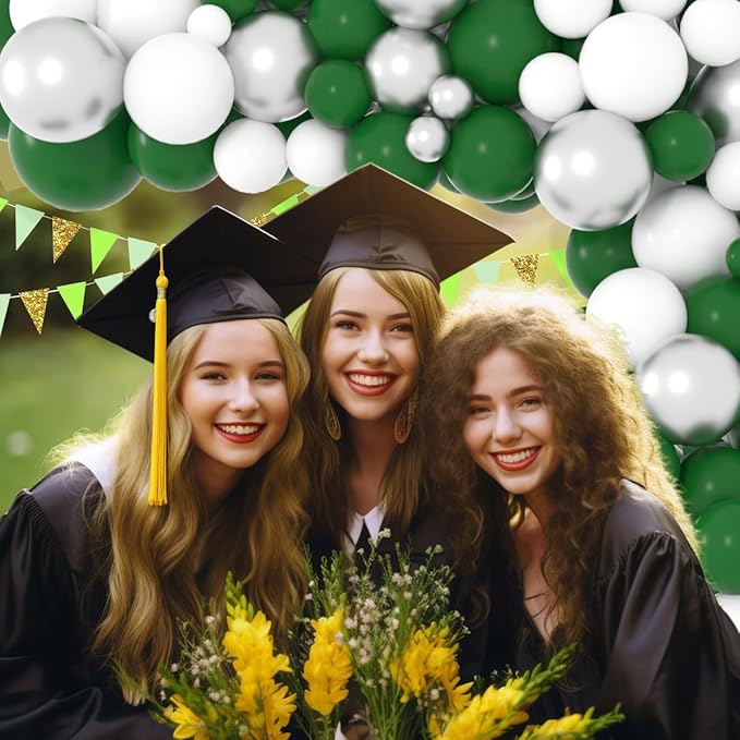 Dark Green White Silver Balloon Arch Garland Kit - Forest Green White Balloon Arch Metallic Silver Balloon for Wedding Engagement Graduation Retirement Birthday Party Decorations