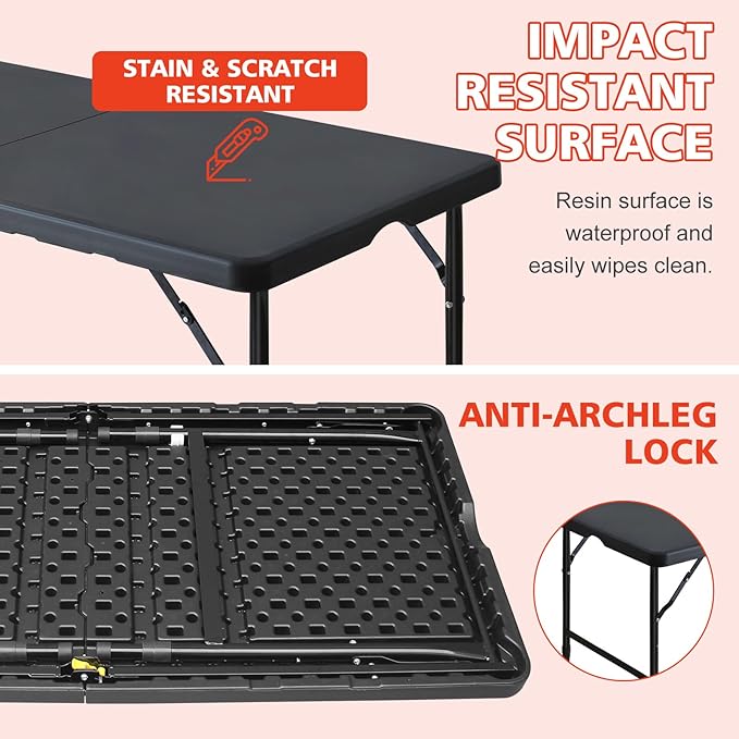 Portable 4Ft Folding Table, Heavy Duty Plastic Fold-in-Half Utility Foldable Table Small, Adjustable Height Plastic Folding Table with Carrying Handle for Camping & Party Indoor/Outdoor(Black)