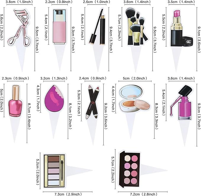 Ercadio 36Pcs Double-Sided Makeup Cupcake Toppers Lipstick Cosmetics Cupcake Picks Eye Shadow Eyelash Curler Food Picks for Girls Makeup Birthday Bridal Shower Bachelorette Party Decorations Supplies