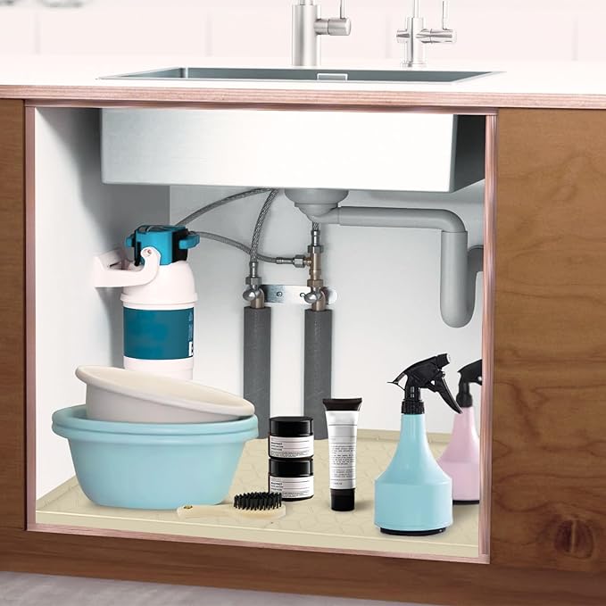 Under Sink Mat for Kitchen, Silicone Waterproof Liner, Flexible Organizer Tray with Drain Hole, 3.6 Gallons Capacity, Easy to Clean
