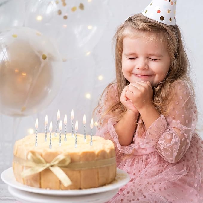 MTLEE Happy Birthday Candles Letter Cake Topper with 10 Pcs 2.95 Inch Short Thin Spiral Candles for Cake Topper Birthday Decoration Party Supplies(Silver)