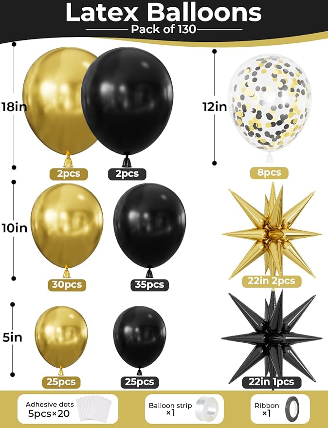 Black and Gold Balloon Arch Garland Kit - 130Pcs Black Gold Graduation Balloons with Glitter Confetti Balloons, Explosion Star Foil Balloon for Graduation Birthday Wedding Party Decorations