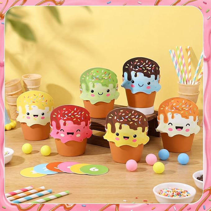 Ice Cream Toss Ball Game with 6 Plastic Flower Pots 12 Ice Cream Decor 12 Balls Toss Play Set Icecream Games Indoor Outdoor Games Family Summer Activities Carnival Prizes