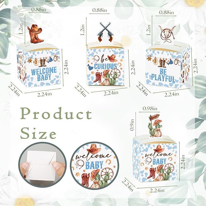 QZCYU 24 Pcs Western Baby Shower Decorations, Blue Brown Cowboy Wild West Party Favors Gift Boxes Baby Shower Boxes Small Treat Decor Boxes for Candy Gift Favors(2.4 * 2.4 * 2.5inches)