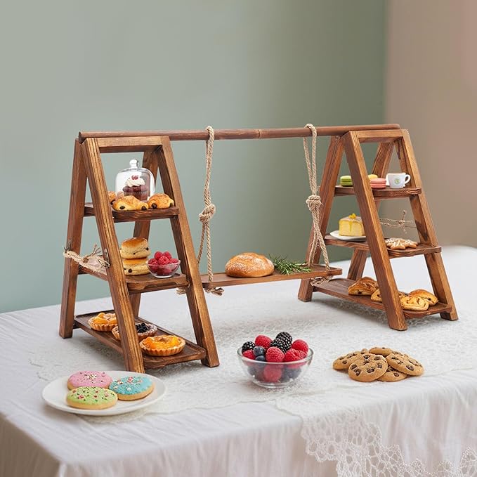3-Tier Swing Cupcake Stand, Wooden Dessert Stand, Rustic Cupcake & Cake Display Tray for Parties, Halloween, Thanksgiving, Christmas – Farmhouse Style Serving Platter for Dining Table & Kitchen