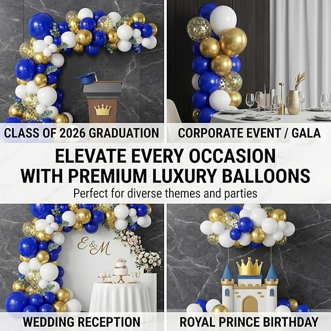 60pcs Royal Blue Gold Balloons, 12 Inch Dark Blue White Metallic Gold & Gold Confetti Balloon Kit for Graduation 2026 Anniversary Birthday Party Decorations (with Ribbon & Adhesive Dots)