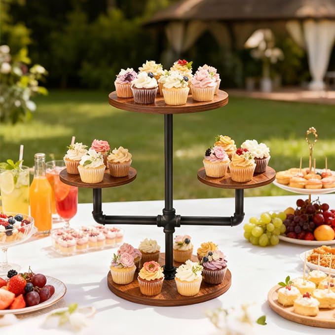 Cupcake Stand, 3 Tier Cupcake Tower Wood Cake Stand with Tiered Tray Stand 2 Pack Rustic Dessert Table Display Set Farmhouse Risers Display Stand Serving Trays for Party Farmers Market Decor