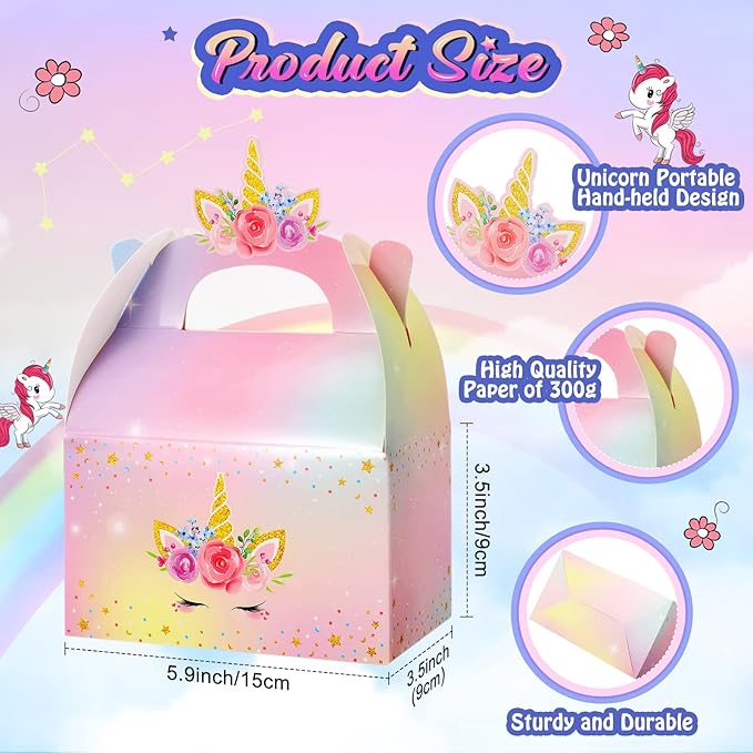 Leinuosen Unicorn Gift Boxes - Rainbow Theme Candy Treat Boxes for Girls & Boys Kids Birthday Party Decorations (Unicorn, 24 Pieces)