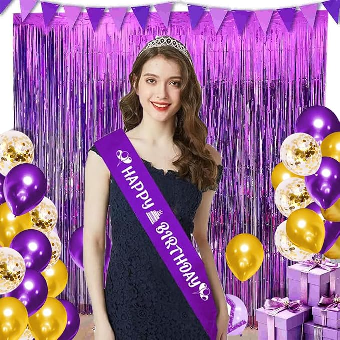 Purple Gold Balloon Arch Garland Kit - 119PCS Pearl Purple and Gold Balloons Gold Confetti Balloons for Purple Birthday Wedding Graduation Anniversary Party Decorations
