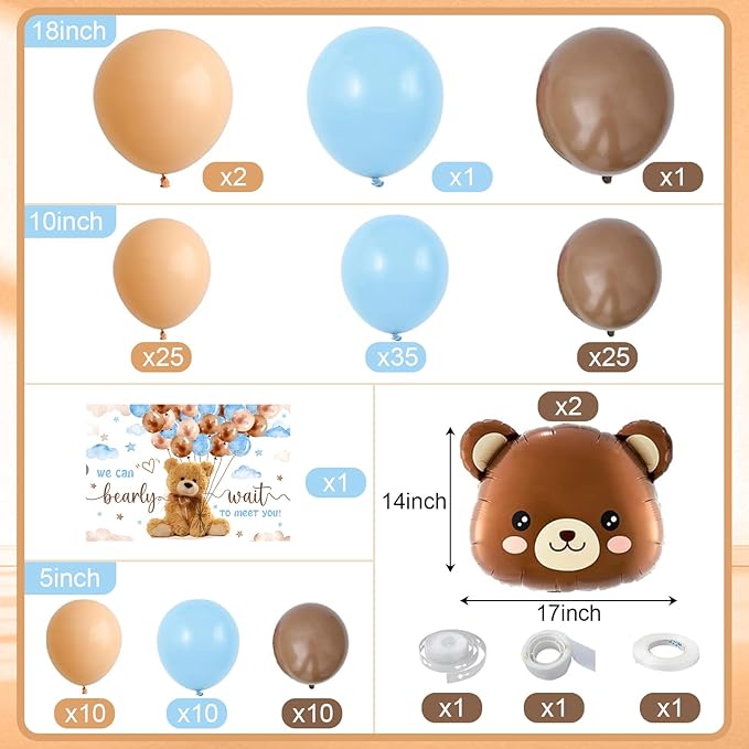 We Can Bearly Wait Baby Shower Decorations for Boy, 125 Pcs Blue Plastic Party Supplies - Bear Balloons,Blue Brown Balloons , Backdrop for Baby Shower & Gender Reveal
