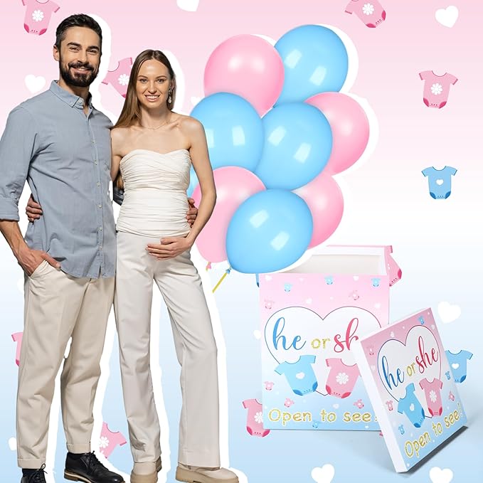 Hungdao Gender Reveal Balloon Box with Ribbon and 10 Pink and Blue Balloons Gender Reveal Games He or She Open to See for Party Decoration 12"x12"x16"(Cloth)