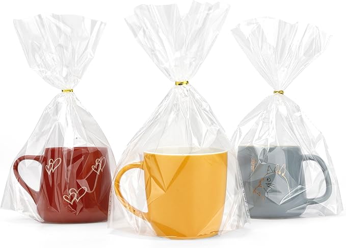 Cellophane Bags, Bottom Gusset Treat Bags, 8"x 11"Clear Cellophane Gift Bags with Ties, 100Pcs Cellophane Treat Goodie Bags for Wedding Graduation Party Favors Gift Mug Wrapping Candy Cookies Storage