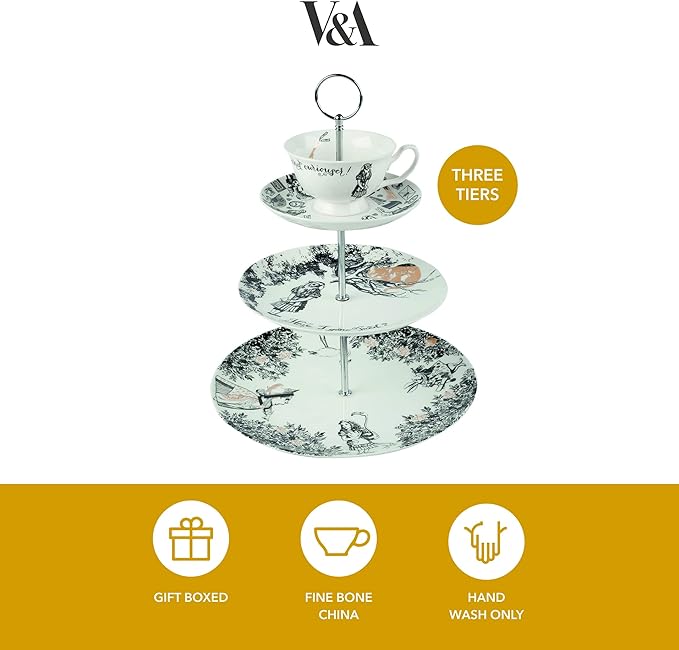 V&A Alice in Wonderland 3 Tier Cake Stand Serving Set, Cake Standing Set, Gift Boxed, White