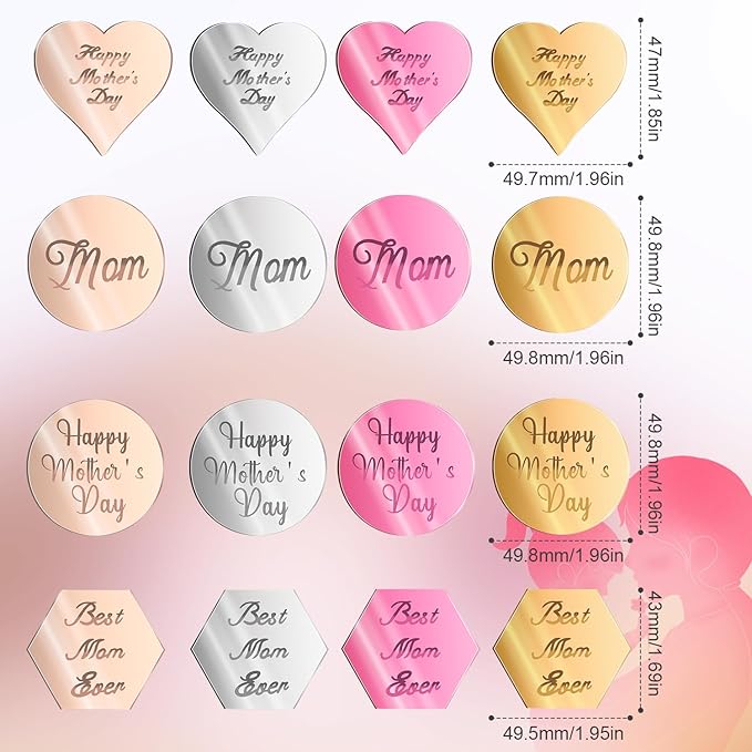 64pcs Happy Mother's Day Cake Topper, 4 Styles Acrylic Mothers Day Cupcake Topper Charm Mirror Disc Engraved Cake Decoration for Dessert Mom Birthday Party (4 Colors)