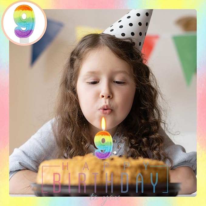 Rainbow Candles for Birthday Cakes, 9 Cake Topper, Rainbow Birthday Party Decorations, 9th Number Candle for Girls Boys (Number 9)