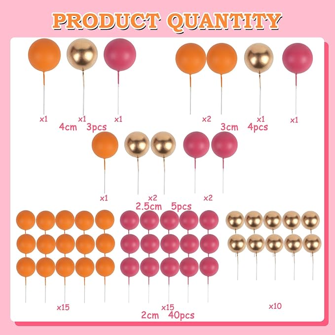 52 Pcs Ball Cake Decorations - Pink Gold Orange Ball Dessert Picks Cake Cupcake Toppers, Birthday Party Baby Shower Gender Reveal Cake Supplies