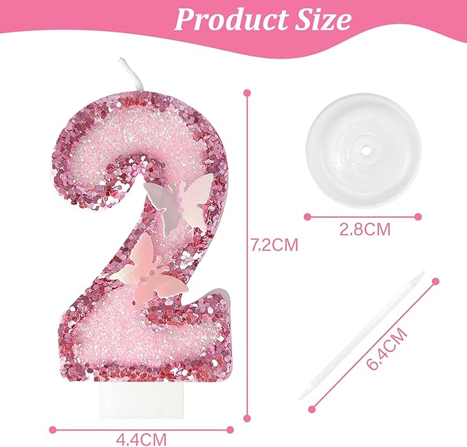 2nd Birthday Candles，Glitter Butterfly Cake Toppers Pink Sequins Wedding Numeral Cupcake Decorations，Suitable for Girl and boy Wedding Cakes, Party Celebrations, Birthday Decorations