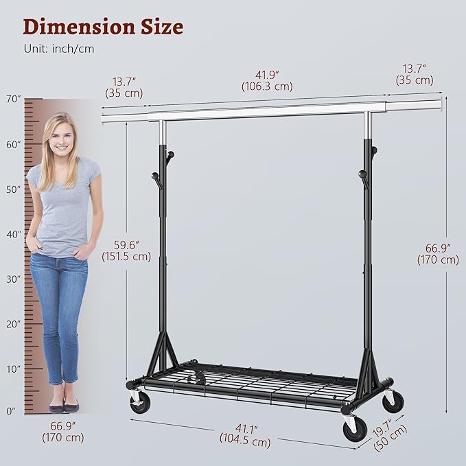 FAVOOSTY Heavy Duty Clothes Rack for Hanging Clothes, Rolling & Extending Clothing Rack with Wheels, Garment Coat Rack Freestanding, Portable Clothes Rack, Black