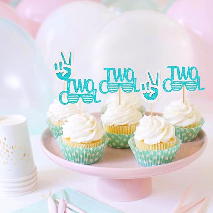 Ercadio 24 Pack Two Cool Cupcake Toppers Glitter Blue Two Cool Happy 2nd Birthday Cake Picks Baby Shower Kids Second Birthday Party Cake Decorations
