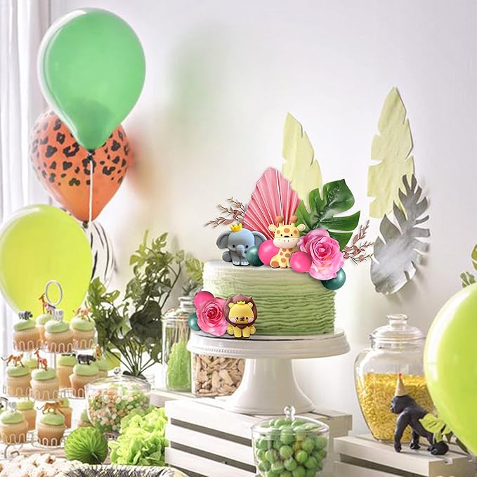 22pcs Safari Jungle Animal Cake Toppers Flower Balls Cake Decoration with Boho Palm Leave Forest Animal Toys and Artificial Flowers for Boys Girls Safari Theme Birthday Party Supplies