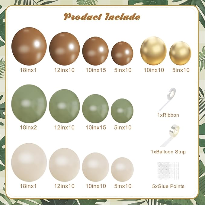 Sage Green Brown Balloon Arch Kit, 124Pcs Brown Green Sand White Gold Balloons for Safari Woodland Dinosaur Jungle Theme Baby Shower Wedding Birthday Party Decorations