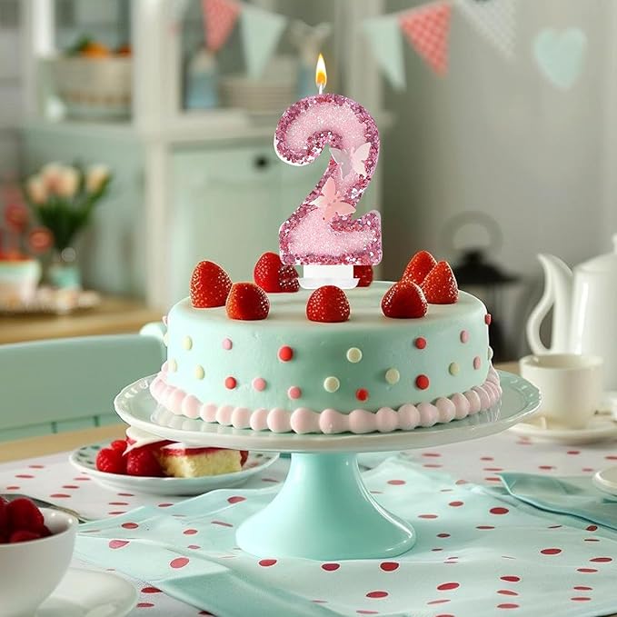 2nd Birthday Candles，Glitter Butterfly Cake Toppers Pink Sequins Wedding Numeral Cupcake Decorations，Suitable for Girl and boy Wedding Cakes, Party Celebrations, Birthday Decorations