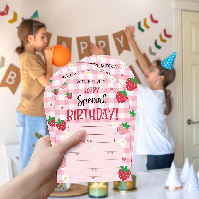 Special Berry Birthday Party Invitations, Strawberry Party Invitations for Girls, 20 Fill-In invites with Envelopes, Strawberry Theme Birthday Party Favor & Decoration (arch)