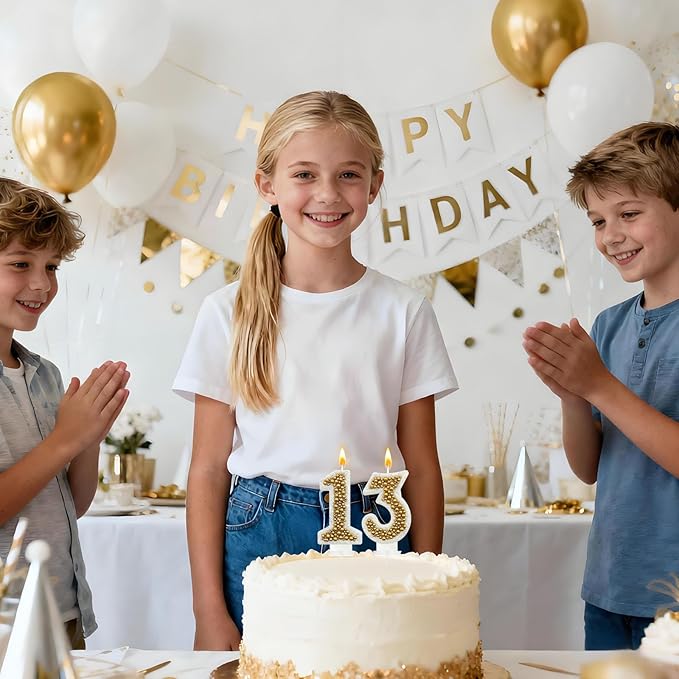 13 Birthday Number Candle for Cake, Glitter Number Candle with Gold Beads, Decorative Cake Topper for Milestone Celebrations