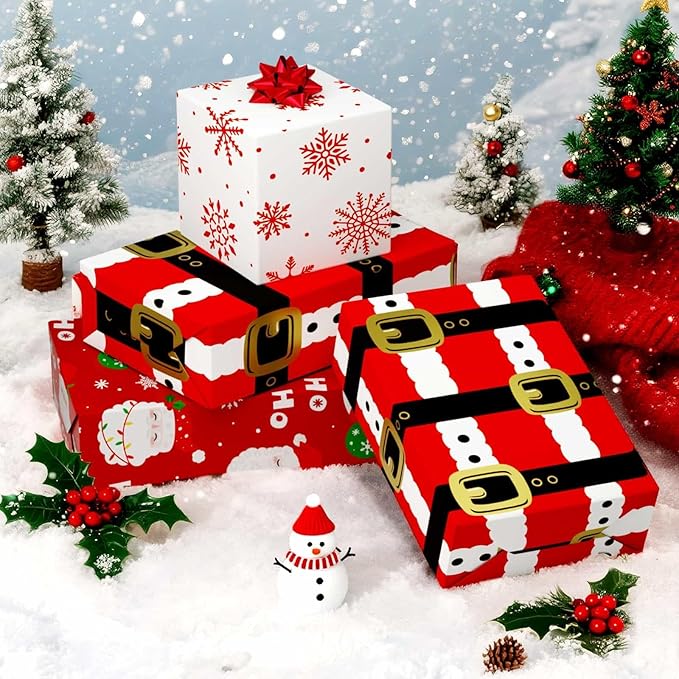WERNNSAI Christmas Wrapping Paper Rolls - 3 Rolls 17”x 120”Red Christmas Wrapping Paper for Holiday Gift Packing Decorations Santa Claus and Snowflake Design Wrap Paper with Cutting Lines