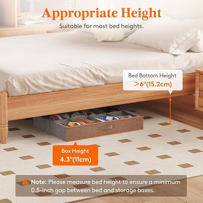 Lifewit Under Bed Shoe Storage Organizer Fits 8 Pair Sneakers, 4.3 Inches Tall Sturdy Structure Ultra Thick Fabic Sneaker Storage, Foldable Underbed Shoe Boxes for Heels, Boots, Sports Shoes 3 Pack