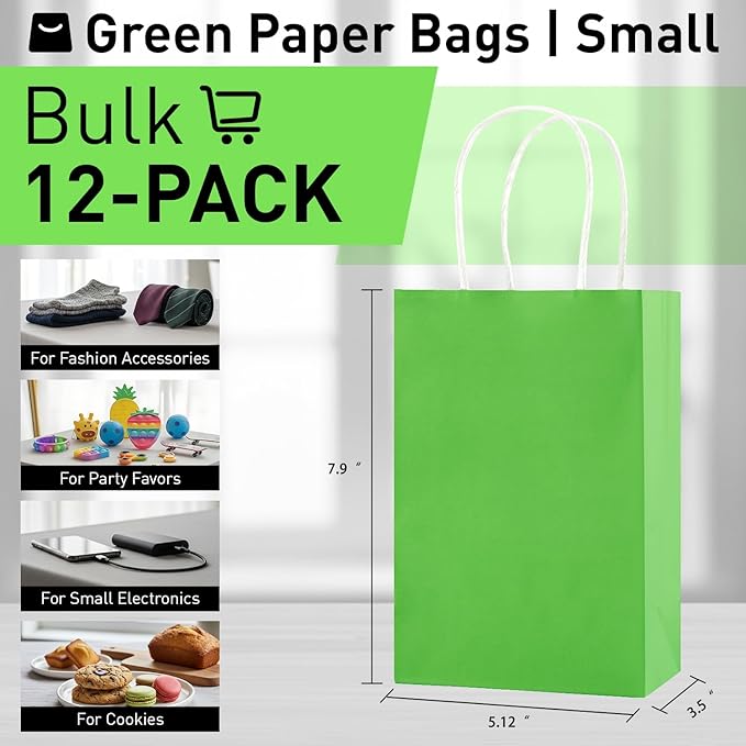 SUNCOLOR 12-Pack Green Gift Bags with Handles, 7.9 x 5.12 x 3.15 Inches Recyclable Paper Party Favor Bags for Birthday, Christmas, Easter, St. Patrick's Day