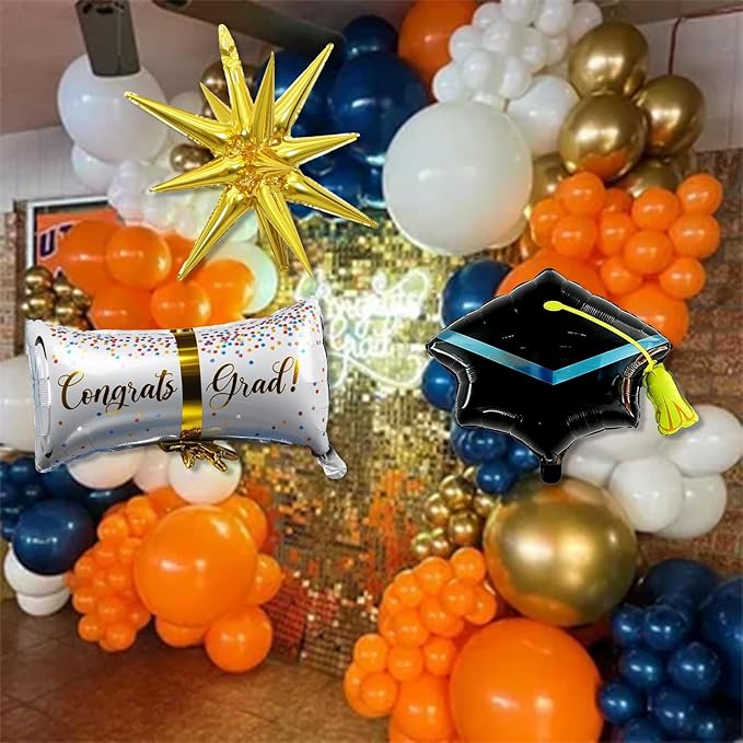 Blue and Orange Graduation Balloons Arch Garland Kit, 115 Pcs Navy Dark Blue Gold Orange Congrats Grad Balloons Class of 2025, Prom Graduation Party Decoration with Star Certificate Cap Foil Balloon