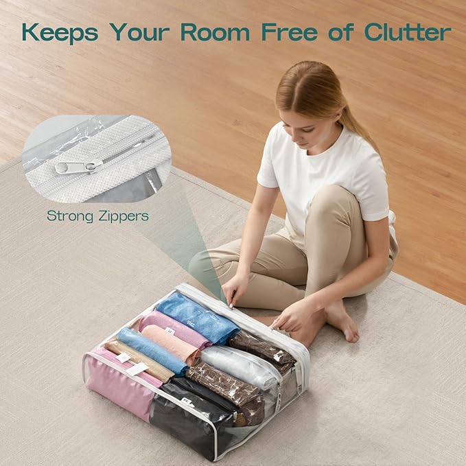 10PACK Clear Zippered Storage Bags for Clothes, 22L Closet Organizers Bag, and Blanket Storage Bags for Bedding, Linen, Blankets, Comforters, Clothing & Toys (White)
