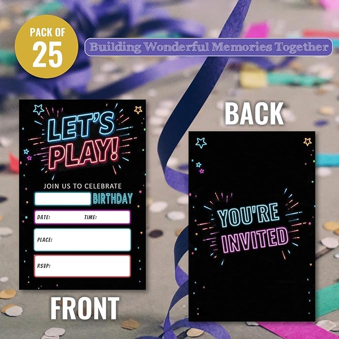 Birthday Party Invitations Let's Play Card Neon Starlight Kit, 25 Pcs 4x6 Inch, Modern Flashing Dark Black Invites for Boy Girl Kids Teens