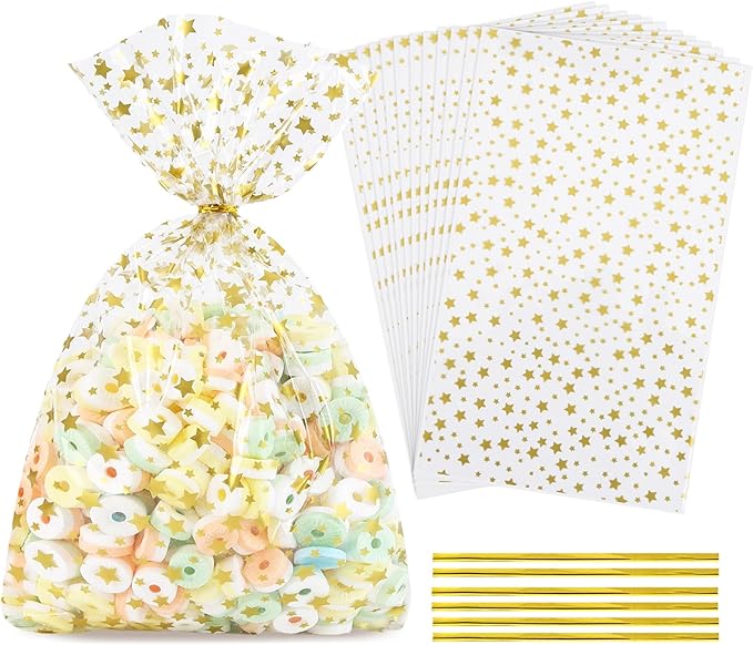 50 Pcs 12"x16" Clear Cellophane Treat Bags with 50 Twist Ties, Gold Cellophane Gift Bags, for Cookies, Candy, Bakery, Birthday, Wedding, Valentine's Day, Baby Shower & Holiday Party Favors