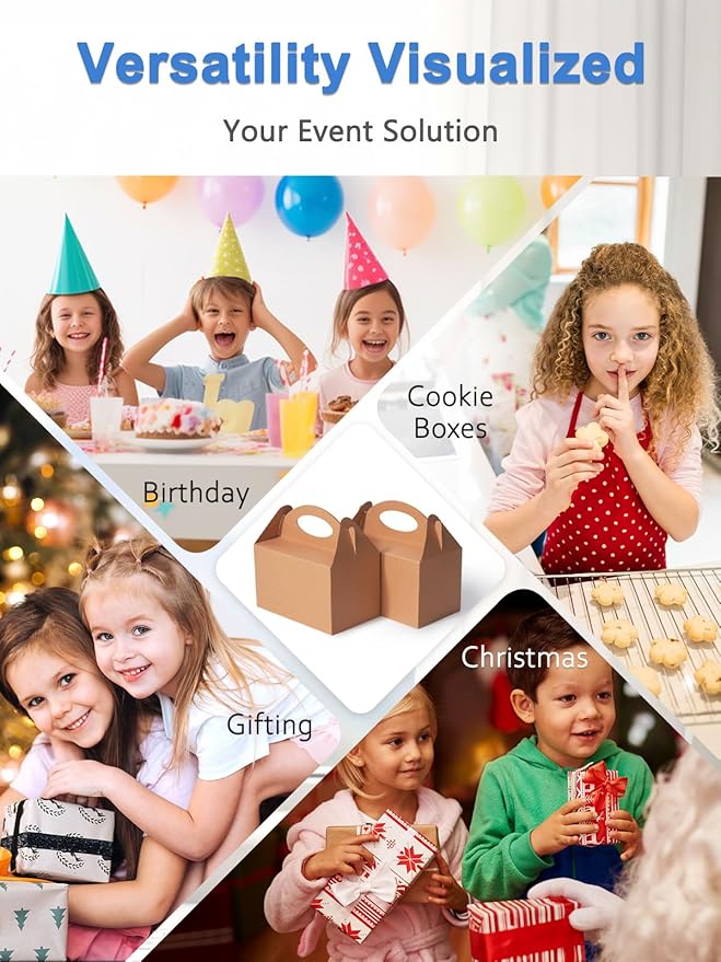50 Pcs Small Party Treat Boxes, 6 Inch Candy Cookie Goodie Gift Bags Gable Box for Kids Birthday Party, Kraft Brown