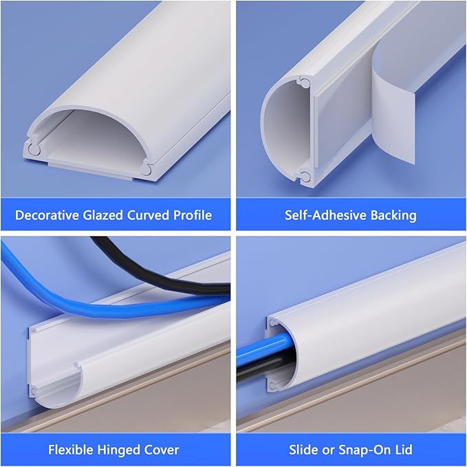 D Cord Hider for Wall Mount TV, 56.8in(4 x L14.2in) Self-Adhesive Cable Hider Kit, PVC Cord Covers for Wires on Wall, White Cable Raceway, Paintable Wire Hiders, 1.2" W x 0.55" H