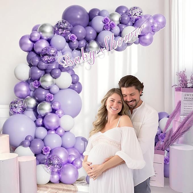 Purple Balloons Garland Arch Kit, 126pcs Lavender Party Decorations with Metallic Silver Purple Confetti Balloons for Butterfly Birthday Wedding Baby Shower Party Decorations