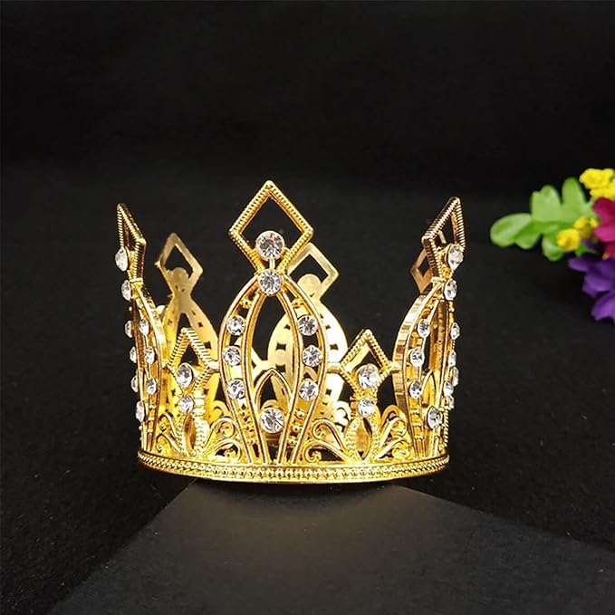 Mini Crown Cake Topper Princess and Prince Crystal Headpiece Tiara Rhinestone Crown Cake Decoration for Wedding Birthday Baby Shower Party Favors (Golden)