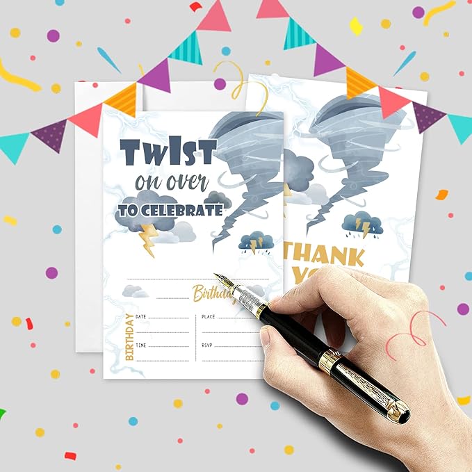 AEHIE 20 Sets Tornado Birthday Party Invitations With Envelopes,Storm Chaser Two-nado Four-nado Double-sided Printed Birthday Party Invitation Invite Cards for Boys Girls,Tornado Party Invites