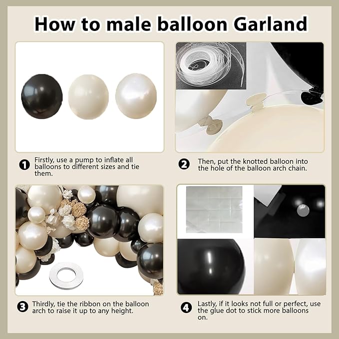 Black and White Balloons Arch Kit - 119 PCs Double Stuffed Cream and Black Balloons Garland Pearl White Sand Beige Ivory Balloons for Graduation Wedding Coquette Birthday Party Decorations